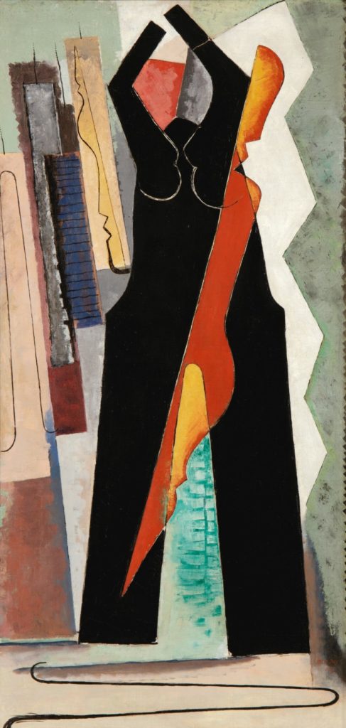 Un capolavoro di Man Ray in asta: Totems: de Chirico / Man Ray MAN RAY 1890 - 1976 BLACK WIDOW (NATIVITY) Signed Man Ray and dated 1915 (lower right) Oil on canvas 70⅛ by 34 in. 178.1 by 86.3 cm Painted in 1915 © Sotheby's