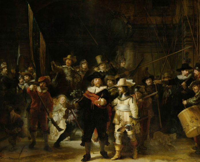 dipinti di grandi dimensioni: Rembrandt van Rijn, Ronda di notte, 1642, olio su tela, cm 359 X 438. Amsterdam, Rijksmuseum