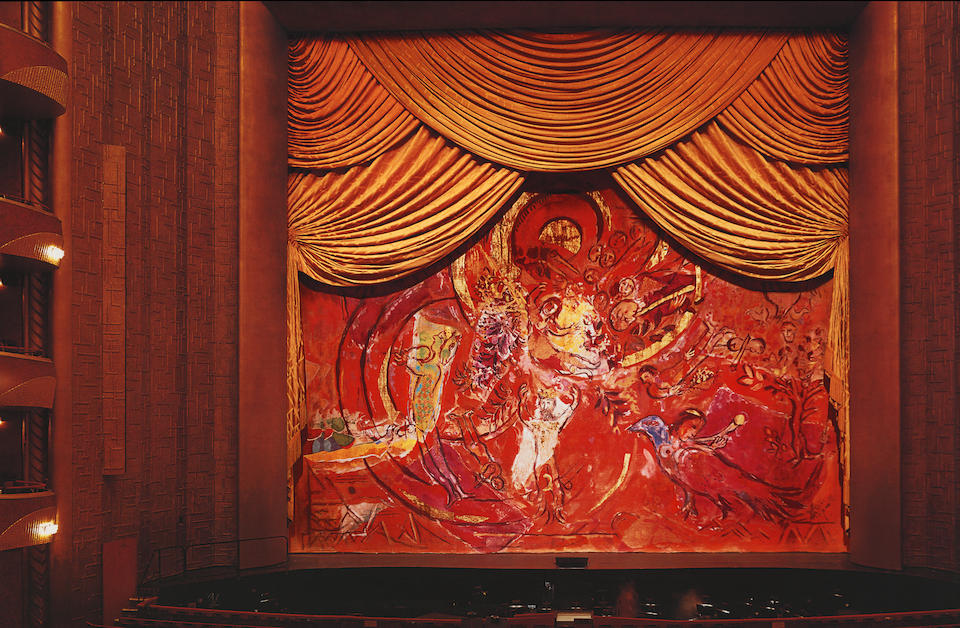 PROPERTY FROM THE ESTATE OF GERARD L. CAFESJIAN MARC CHAGALL (1887-1985) Stage curtain for Mozart's 'The Magic Flute' (Finale) Created with the collaboration of Volodia Odinokov casein, aniline and gold-leaf on linen 526.5 x 780 in (1337.31 x 1981.2 cm) Designed, created and painted by Marc Chagall in 1966-67; Executed and painted by Volodia Odinokov in 1967 © Bonhams 