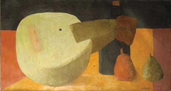 Fernando Botero, Natura morta con mandolino (1957; olio su tela, 67 x 121 cm; Collezione privata)