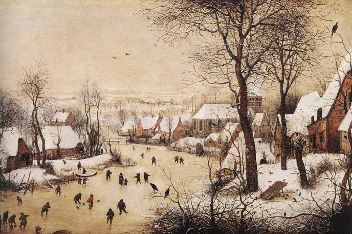 inverno nell'arte: Il Paesaggio invernale con pattinatori e trappola per uccelli, olio su tavola (38x56 cm) di Pieter Bruegel il Vecchio, datato 1566 e conservato nel Museo reale delle belle arti del Belgio di Bruxelles