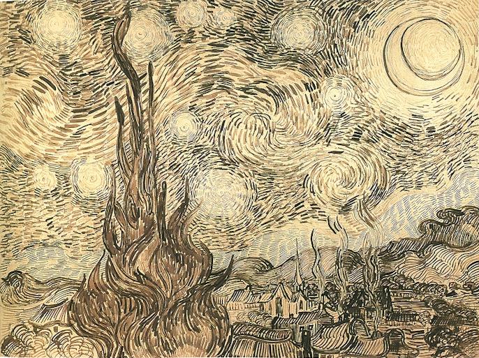 Vincent van Gogh, Notte stellata (Saint-Rémy, giugno 1889); penna e inchiostro, 47×62.5 cm, museo Shchusev, Mosca.