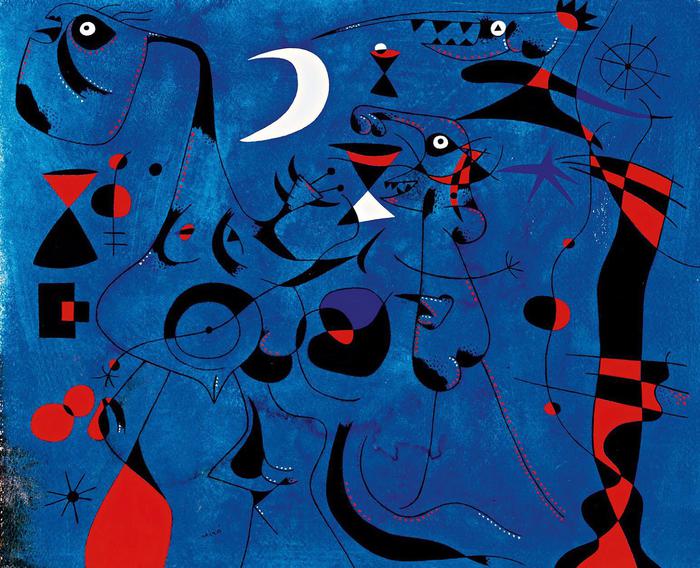Miró. Figure di Notte guidate da tracce fosforescenti di lumache, dalla serie Costellazioni, 1940. Tecnica: Acquerello e Gouache su Carta, 37,9 x 45,7 cm. Filadelfia, Philadelphia Museum of Art