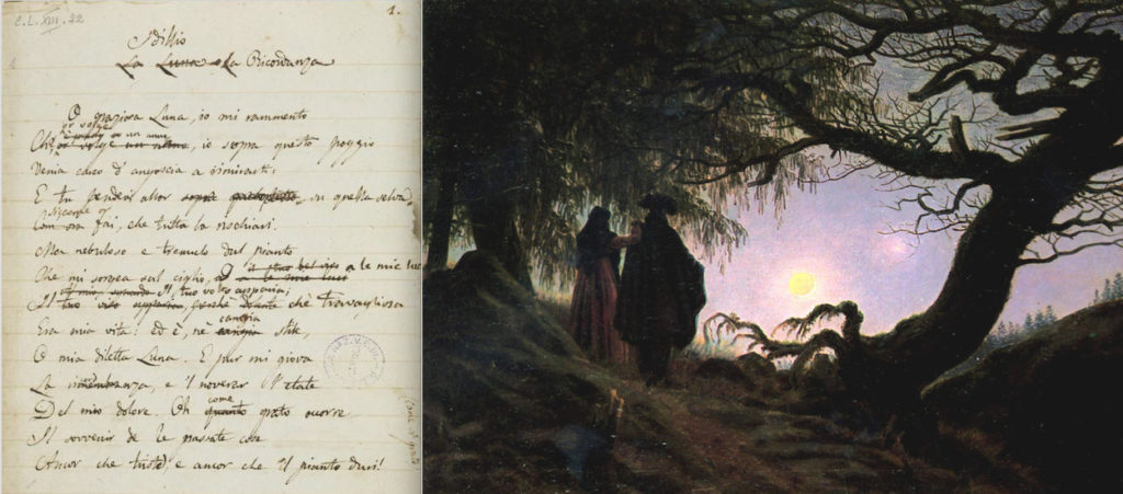 Poesie e opere d'arte - manoscritto Alla Luna di Leopardi e particolare del dipinto Caspar David Friedrich, Un uomo e una donna in contemplazione della luna