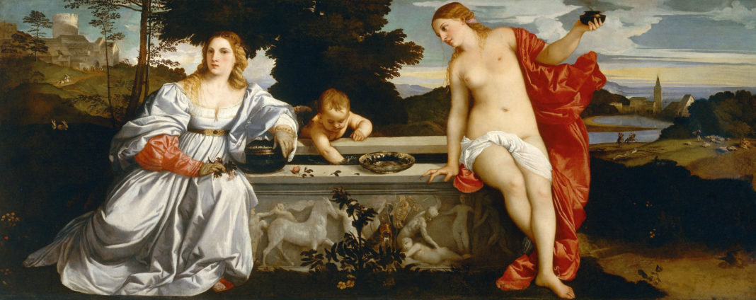Tiziano Vecellio, Amor Sacro e Amor Profano, 1515, olio su tela, 118 x 279 cm. Roma, Galleria Borghese