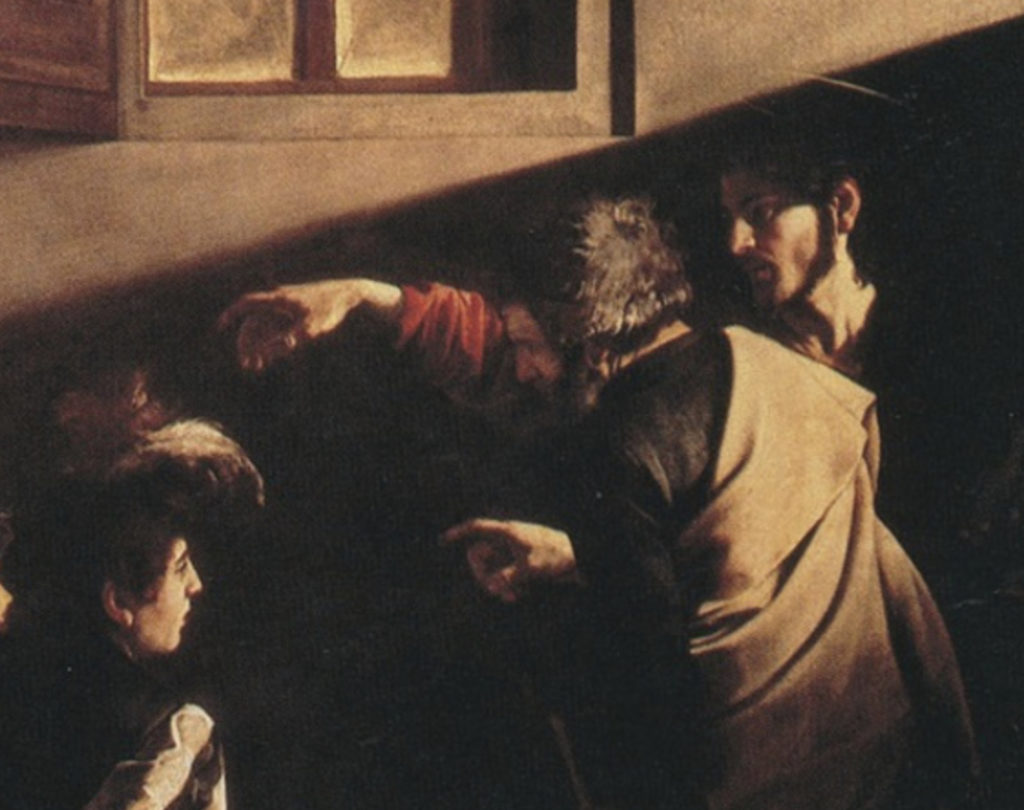 dettaglio - Caravaggio, Vocazione di San Matteo, 1599-1602, olio su tela, 322 x 340 cm. Roma, Chiesa di San Luigi dei Francesi, Cappella Contarelli