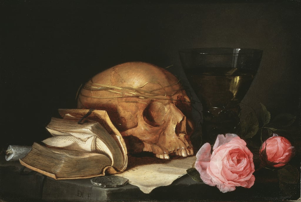 Jan Davidsz de Heem - Una Vanitas Natura morta con un teschio, un libro e rose, 1630 circa (A Vanitas Still Life with a Skull, a Book and Roses, c.1630 ) - olio su tavola
