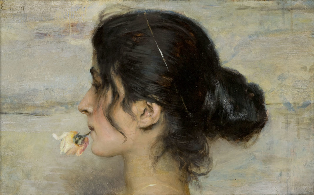 Donne nell’Arte. Da Tiziano a Boldini - Ettore Tito, Con la rosa tra le labbra. Collezione privata