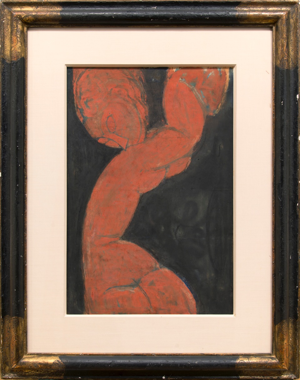 Amedeo Modigliani Cariatide Rossa su Fondo Nero Circa 1913-14 Matita e gouache su tavola bianca sottile 62.5 x 42.5 cm (24.6 x 16.6 in) Presentato da David Tunick, Inc.