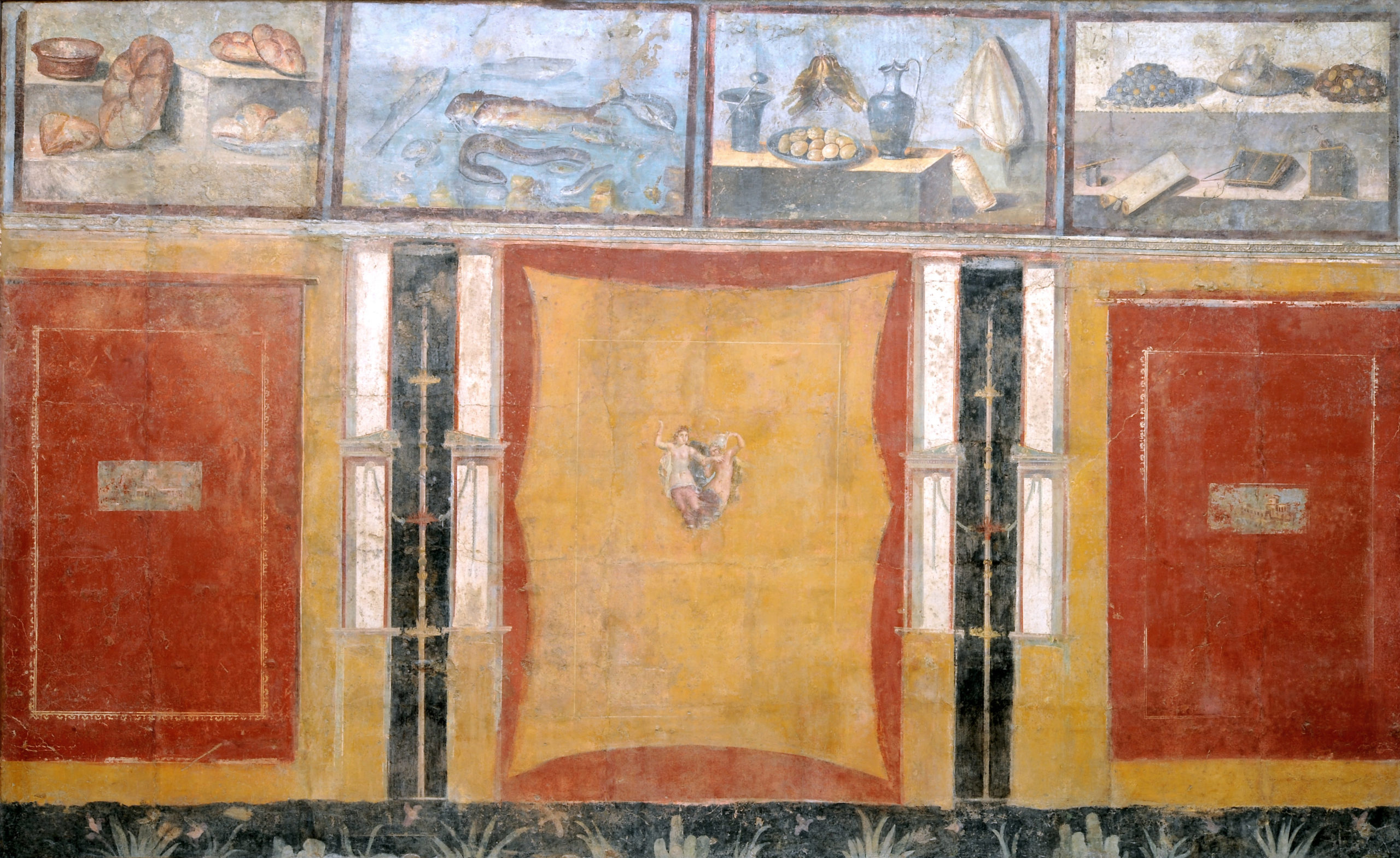 Parete in IV stile con Nature Morte (xenia) Pompei, Praedia di Iulia Felix, Reg. II, 4, 3, tablino (92), parete sud affresco, cm 298 x 447 MANN, Inv. 8598 I secolo d.C.