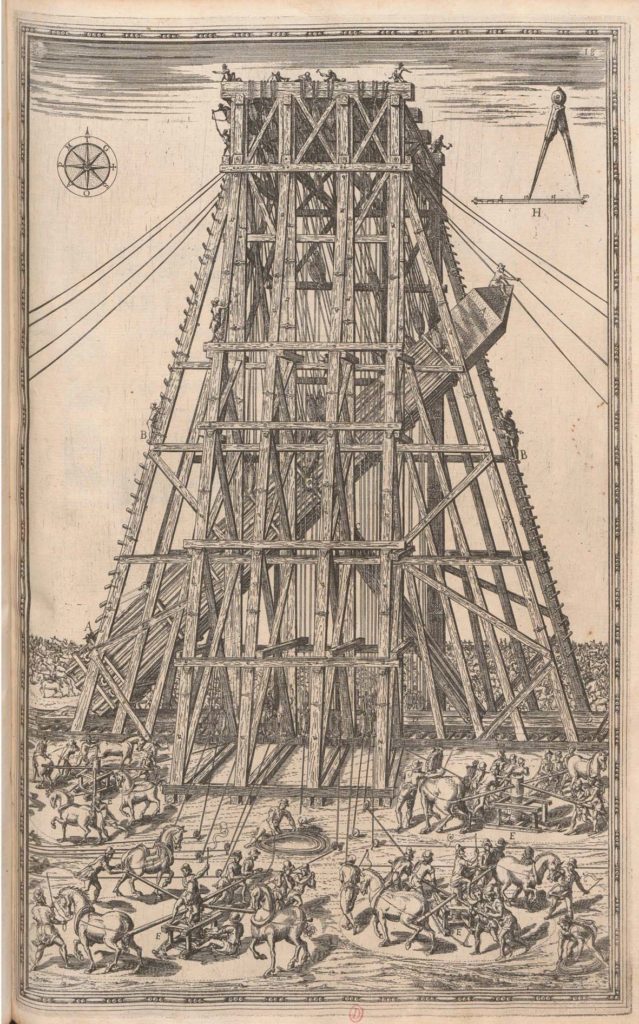 L’operazione di abbassamento dell’obelisco, da Domenico Fontana, Della trasportatione dell’obelisco vaticano, Roma 1590.
