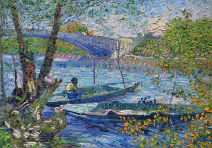 Numero Archivio: 21015 Artista: Arienti Stefano Anno: 2020 Tecnica: Pongo su poster montato su pannello Titolo: La pesca in primavera ( da Van Gogh ` Misure cm: 100 x 70 Note: Aut.G.F