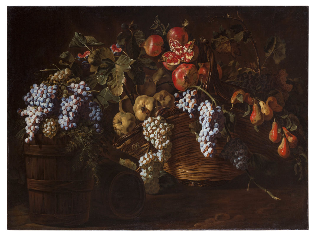 Carlo Manieri_Still Life with a Basket of Grapes, Pomegranates, Quinces and Pears, with a Fig Branch and a Cask of Grapes_Carlo Orsi
