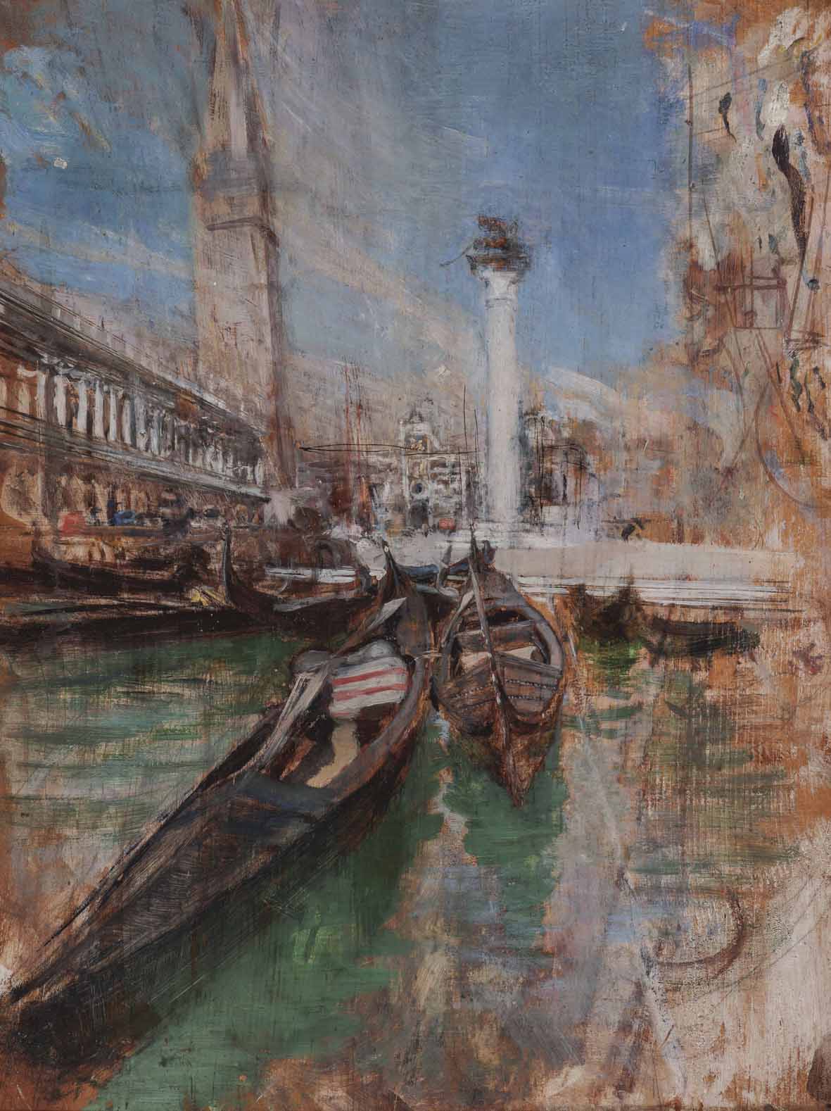 Giovanni Boldini: Gondole davanti a Piazza San Marco, 1895 circa, olio su tavola, 35x24,5 cm