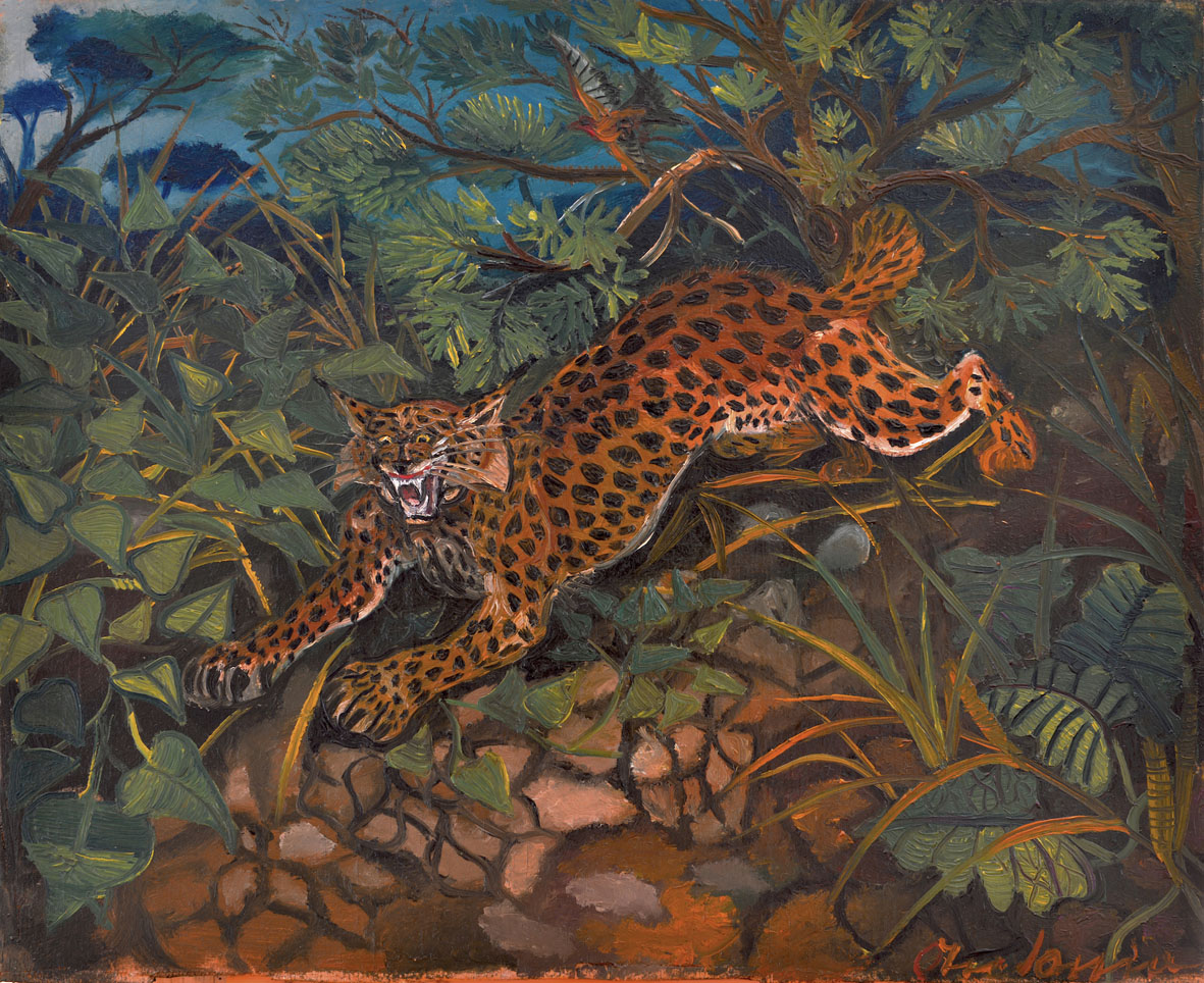 Phidias Antonio Ligabue: Lince che esce dalla foresta, III° periodo 1953-1955. Olio su tavola di compensato, cm 33x41,3