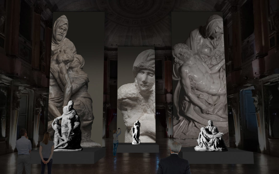 rendering Sala delle Cariatidi: nella fase Dettagli d’autore vengono proiettate gigantesche immagini sui sudari che fanno da sfondo a ciascuna opera.