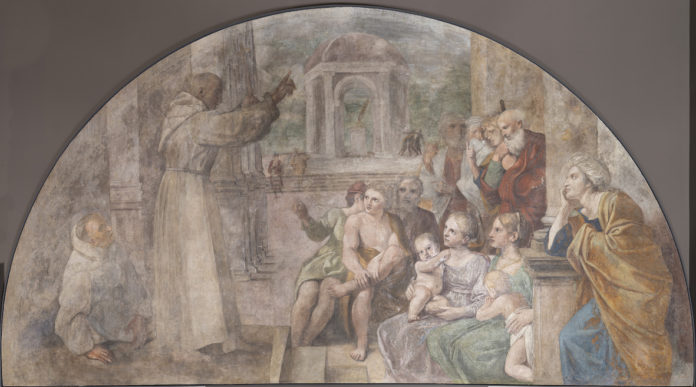 Predicazione di san Diego Affresco trasportato su tela, 203,7 x 375,5 x 5 cm Museo Nacional de Arte de Cataluña, inv. 024283-000. Depósito de la Real Academia de Bellas Artes de Sant Jordi