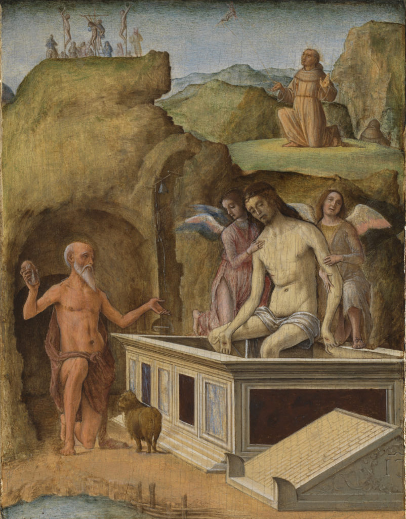 Ercole de’ Roberti: Stimmate di san Francesco e visione di san Girolamo, 1486-93 Tempera su tavola, cm 17,8 x 13,5 Londra, National Gallery