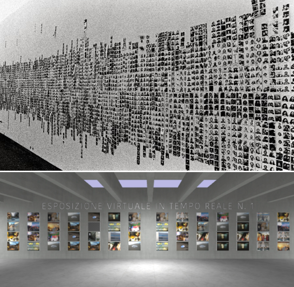 Fig. 5: Top Franco Vaccari, Exhibition in Real Time no. 4: Leave a photographic sign of your passage on these walls, 1972 (Courtesy of DEDEM); bottom the wall of Virtual Exhibition in Real Time No. 1 of the NEFFIE Metaverse, 2022.