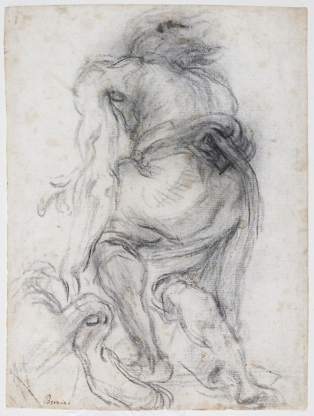 GIAN LORENZO BERNINI (Napoli 1598 - Roma 1680) Figura maschile china, di spalle, ante 1677 Carboncino nero su carta bianca ossidata Roma, Istituto Centrale per la Grafica