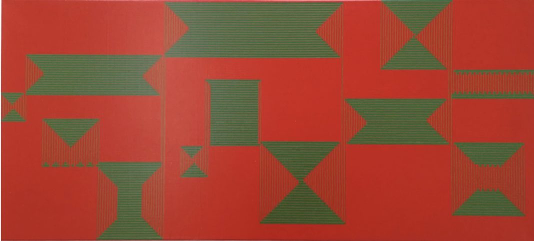 Vera Molnar, Ligne B, acrilico su tela, 50 x 110 cm, 2015