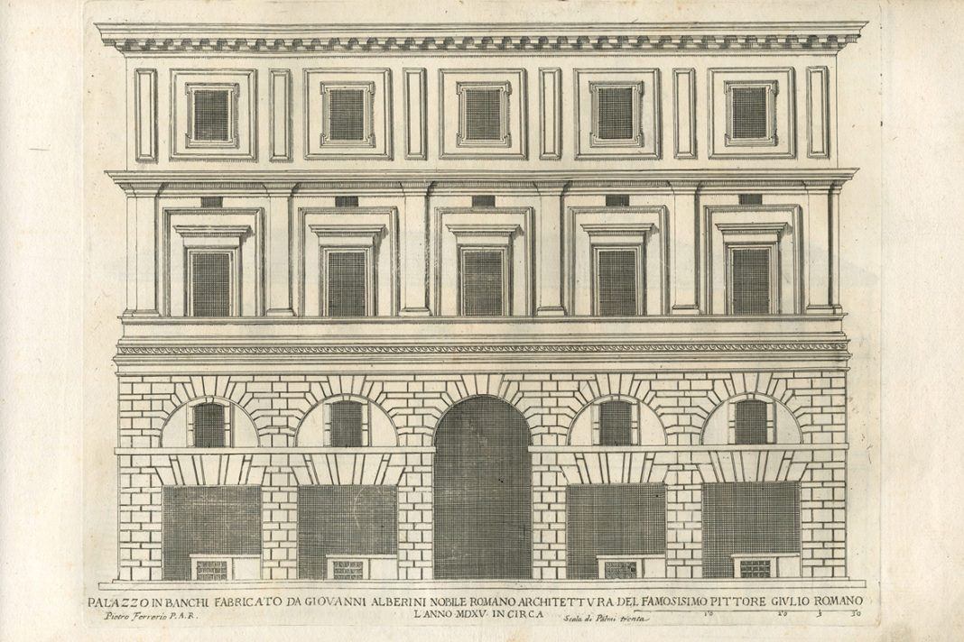 La facciata di palazzo Alberini a Roma. Da Pietro Ferrerio, Palazzi di Roma de’ più celebri architetti, 1650-1700 (© CISA Andrea Palladio).