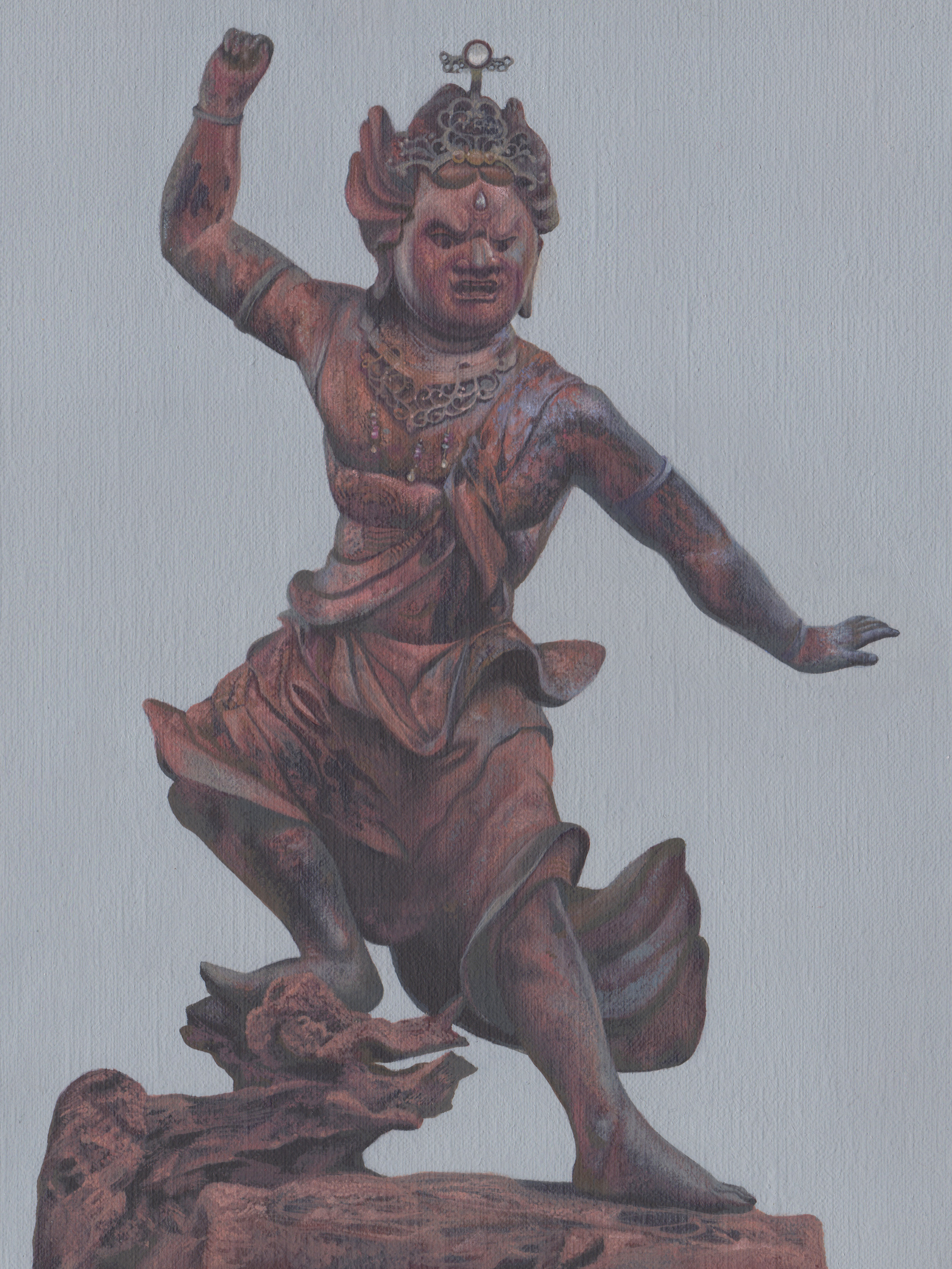 Gabriele Grones - Cedar 9 (Zaō Gongen), 2023, oil on canvas, 8x6 in.Inspired by: "Zaō Gongen", Nanbokuchō (1336–92) or Muromachi period (1392–1573), 14th century, Japan. Wood (cedar), gilt bronze, colored beads, and crystal. 30 x 24 in. The Metropolitan Museum, New York.