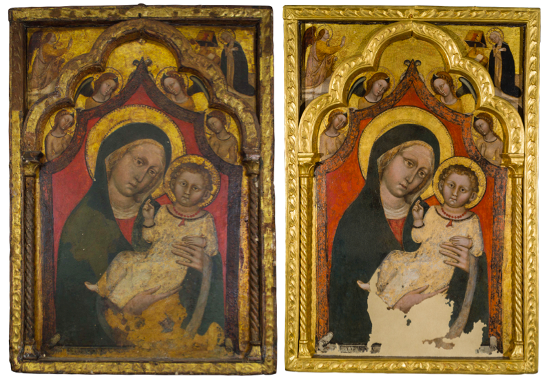 RESTAURI SVELATI - Madonna col Bambino, seconda metà XIV secolo, dipinto su tavola. Museo della Basilica di Santo Stefano a Bologna (prima e dopo il restauro)