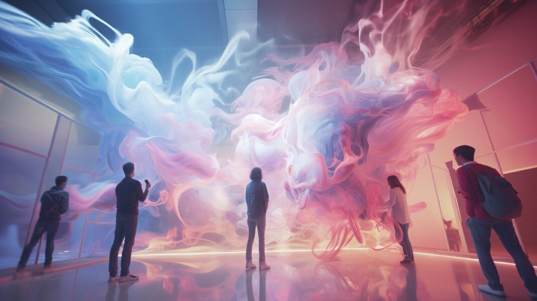 Extended Art **photorealistic, team of people working in virtual reality on the creation of immersive artworks, big metaverse avatars in the walls, large fluid artistic figures, dreamlike spaces, energy, screens, inside a big art lab, futuristic architecture, wavy walls